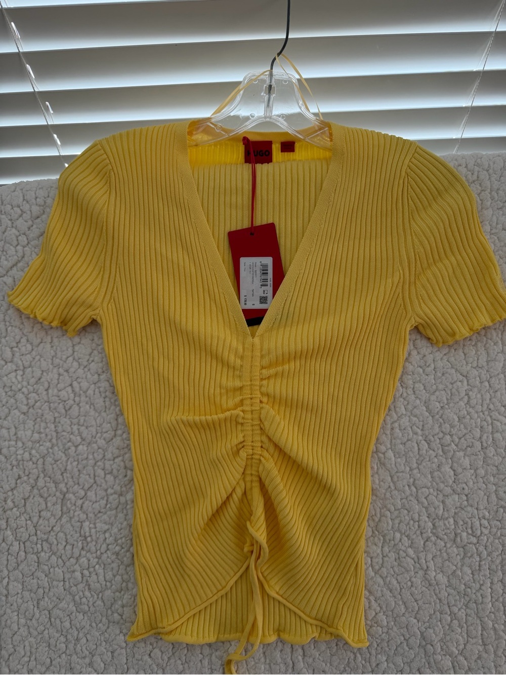 HUGO Yellow Ribbed V-Neck Drawstring Top - Picture 2 of 8